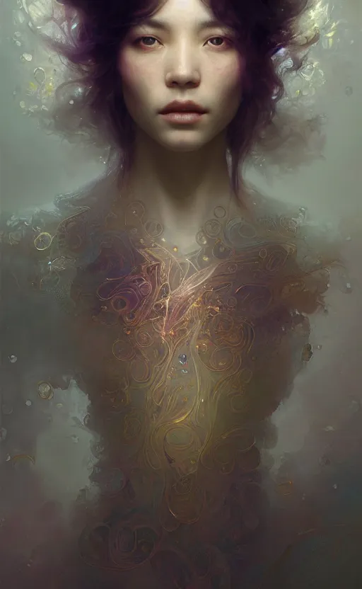 Prompt: instrument of life, fractal silk, fractal crystal, beauty portrait by ruan jia, wlop, james jean, victo ngai, delicate, beautifully lit, athena, muted colors, highly detailed, artstation, long hair, fantasy art by craig mullins, thomas kinkade
