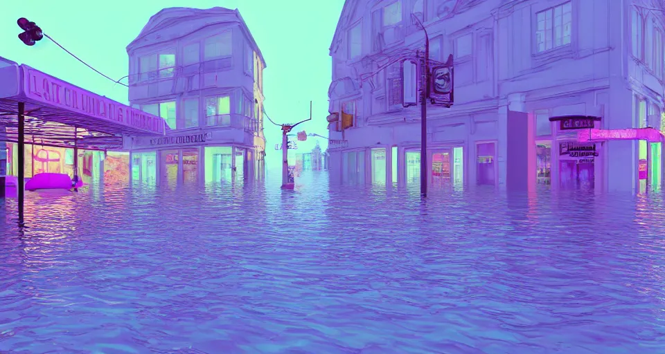 Prompt: 80s vaporwave outrun 3d Render of a german town being flooded, liminal space retro, grainy, noisy, early 90s cgi