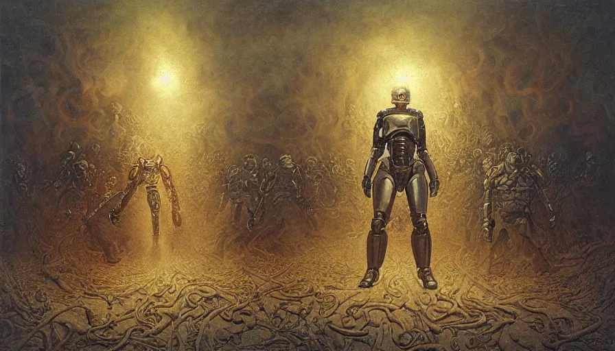 Image similar to robocop fighting demons in hell by agostino arrivabene