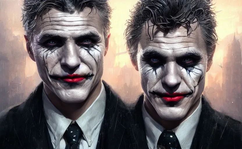 Prompt: highly detailed portrait of christoph waltz as bruce wayne weaing joker makeup, in batman comic book, stephen bliss, unreal engine, fantasy art by greg rutkowski, loish, rhads, ferdinand knab, makoto shinkai and lois van baarle, ilya kuvshinov, rossdraws, tom bagshaw, global illumination, radiant light, detailed and intricate environment