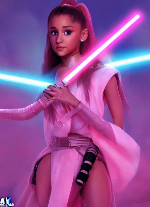 Image similar to An extremely detailed photo of Ariana Grande in the Star Wars universe with two pink lightsabers held in each hand. Maximum detail on artstation, photo realism, vivd details, vivd colour, volumetric lighting. anime art style