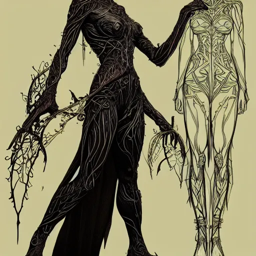 Image similar to full body of an elven witch,intricate, veins, by Hugo pratt, ultradetailed, trending on artstation,