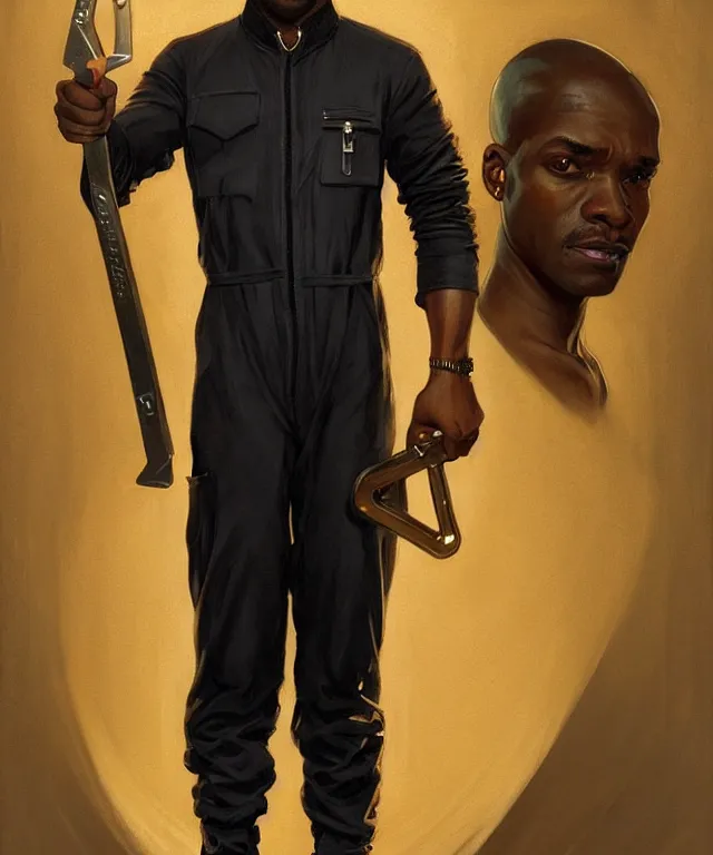 Prompt: Short stocky man holding a wrench, wearing a jumpsuit, portrait, face, black skin, sci-fi, intricate, elegant, highly detailed, digital painting, artstation, concept art, smooth, sharp focus, illustration, art by artgerm and greg rutkowski and alphonse mucha