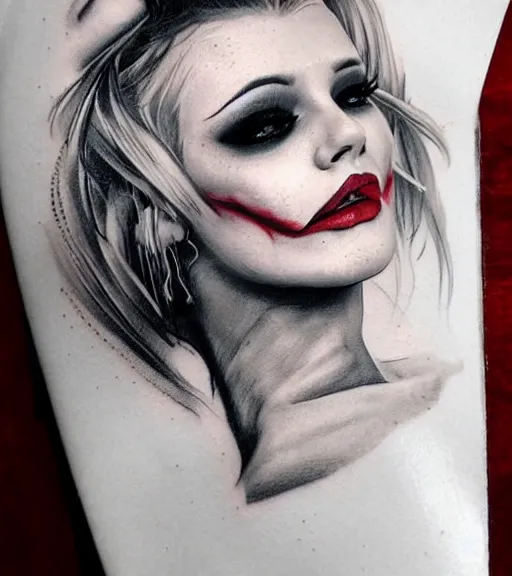 Prompt: ! dream tattoo design sketch of a beautiful blonde girl portrait with joker makeup, in the style of den yakovlev, realistic face, black and white, realism tattoo, hyper realistic, highly detailed