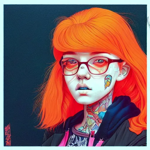 Image similar to portrait painting of a teenage girl with swept back wild orange hair and punk clothes, sharp focus, award - winning, trending on artstation, masterpiece, highly detailed, intricate. art by josan gonzales and moebius and deathburger