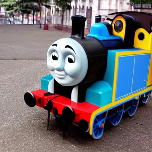 Prompt: Thomas the tank engine walks down the street with his human arms and human legs