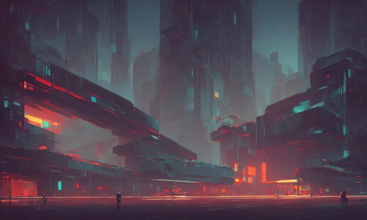 Prompt: simple brutalist architecture, colorful neon lighting, neon signs, greg rutkowski, syd mead, ralph mcquarrie, concept art, matte painting, highly detailed, rule of thirds, dynamic lighting, cinematic, detailed, denoised, centered