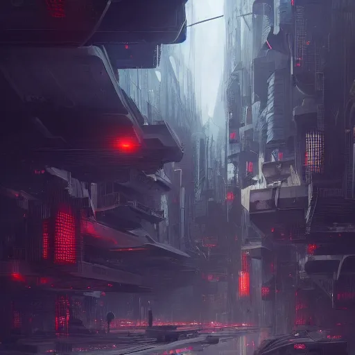 Prompt: Futuristic apocalyptic cyberpunk city by Schen Teng, asymmetrical, realistic painting, dark vibes, nightmare, geometric shapes, hard edges, china town, synth wave, trending on the artstation:2 by Greg Rutkowski:4