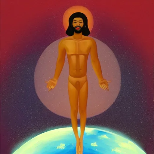 Image similar to an African Jesus under a UFO, painting by Hsiao-Ron Cheng,