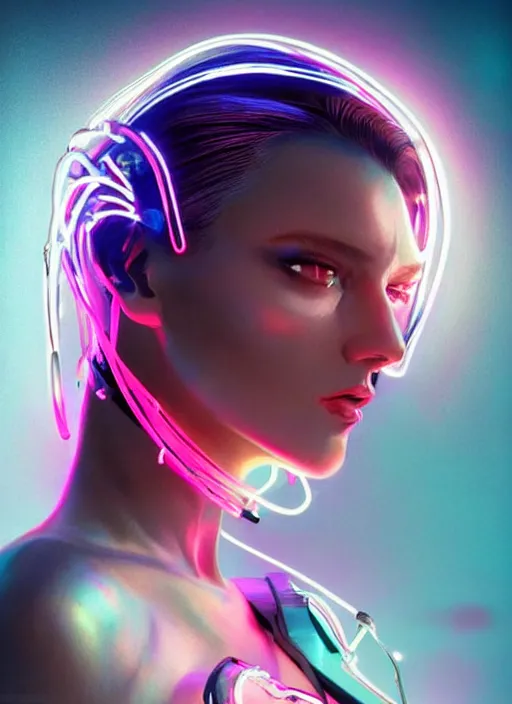 Image similar to a sensual american female humanoid, cyber neon lighting, futurism, intricate futuristic jewelry, cyberpunk high fashion, glamor profile pose, hyper photorealistic, crispy quality, digital photography, trending in artstation, trending in pinterest, cinematic, 4 k ultra hd, art by pascal blanche, art by greg rutkowski,