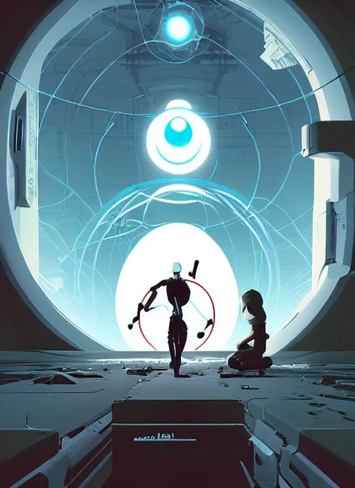 Image similar to poster artwork by Michael Whelan and Tomer Hanuka, of the game Portal, from Valve, Aperture Science, clean