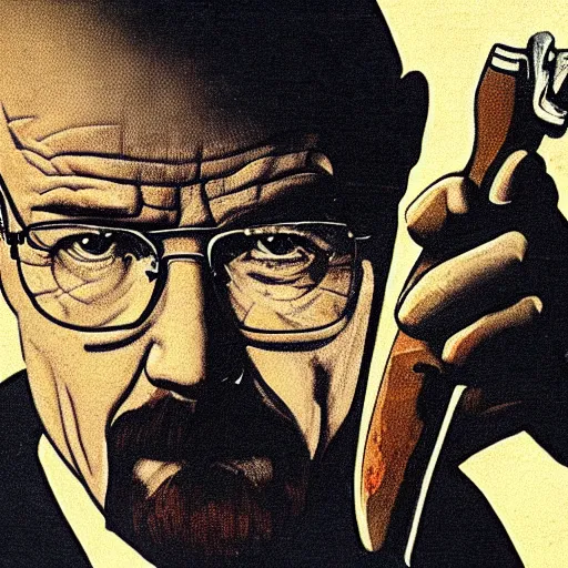 Image similar to walter white the detective holding a knife as evidence for the case, vintage art, ultrarealistic