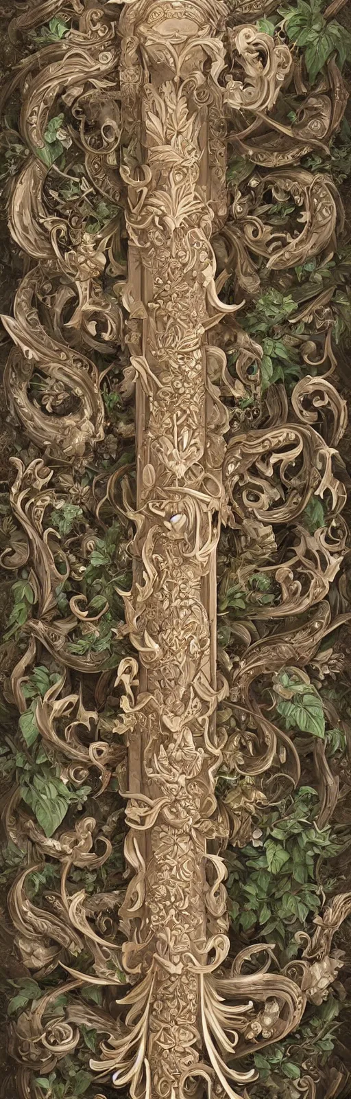 Prompt: beautiful fantasy!!! giant sword!!! carved with decorative ornament, acanthus scrolls, lilies, ivy, energy, geometry, bones, petals, stems, ceremonial clouds, dripping paint, fibonacci rhythm, artstation, artgerm, wlop, symmetric ornaments