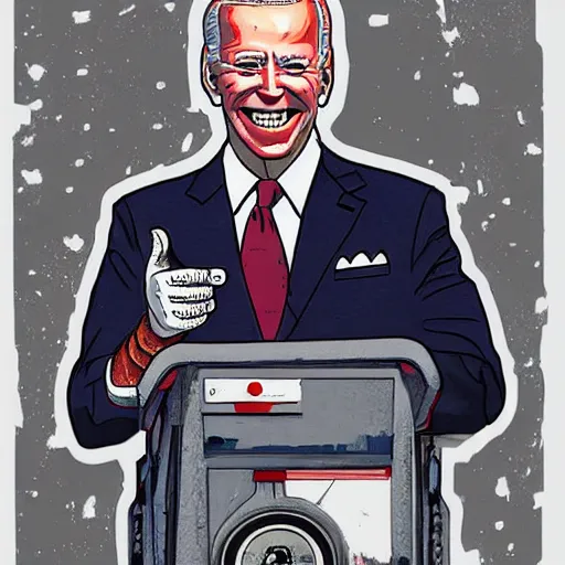 Image similar to a cyborg joe biden, painted in the style of bosch