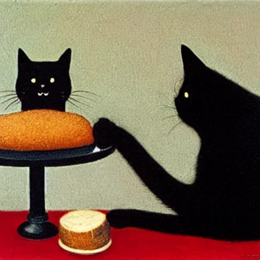 Image similar to black cat licking bread on a table, by Quint Buchholz