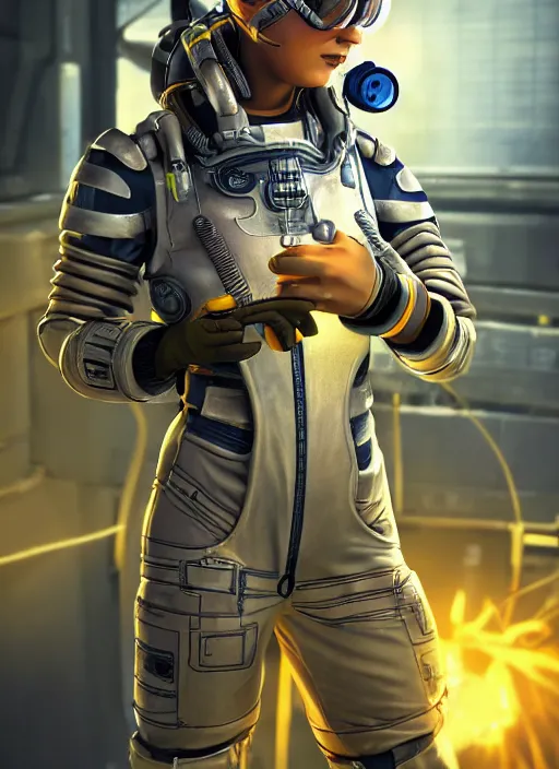 Prompt: highly detailed full body character art of a female engineer wearing futuristic overalls, goggles, toolbelt, holding a wrench, Starcraft 2 videogame character, futuristic, serious, concentrated, industrial aesthetic, highly detailed, photo realistic, technical atmosphere, 8K, octane render, unreal engine