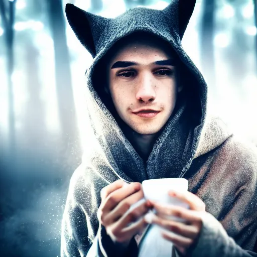 Image similar to portrait of a mysterious wizard with a Hood, bright eyes, fantasy, photorealistic, bokeh, magic lights, cinematic