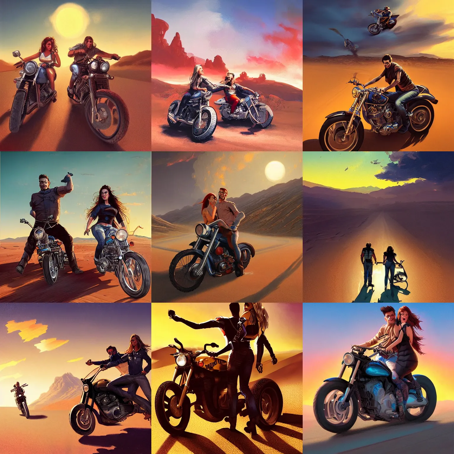 Prompt: hardmesh retro romantic couple ride on motorbike, full throttle game, ride out here, road california desert, sunset, blue sky, by greg rutkowski, magali villeneuve, artgerm, jeremy lipkin and michael garmash and rob rey