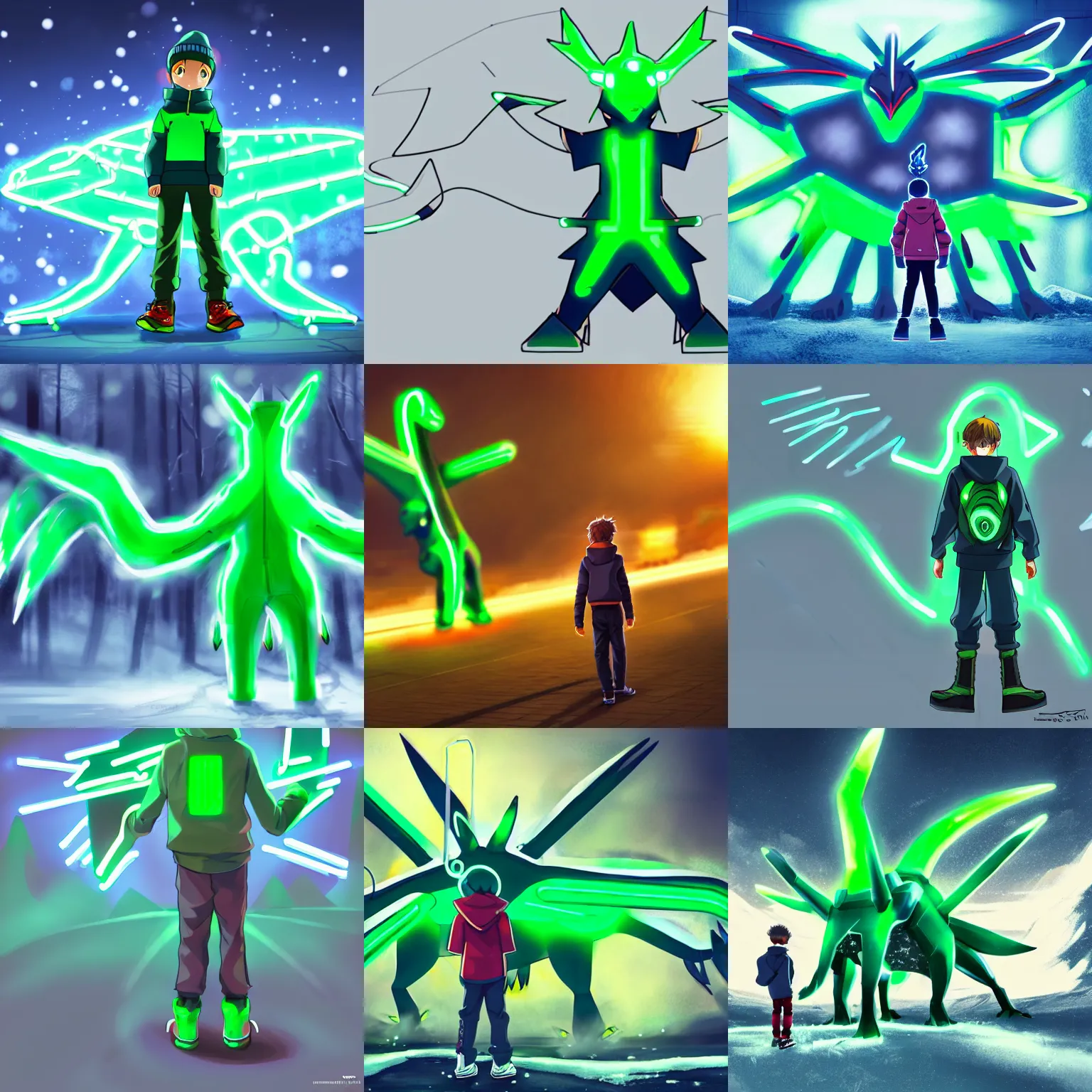 Prompt: a boy in winter clothing, standing in front of a big neon green metal dialga - pokemon, concept art, digital art, very detailed, anime, back - shot, pokemon, 8 k hd