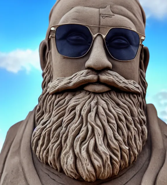 Prompt: a 4 k photorealistic photo medium shot of a sand statue of a man with a beard wearing sunglasses