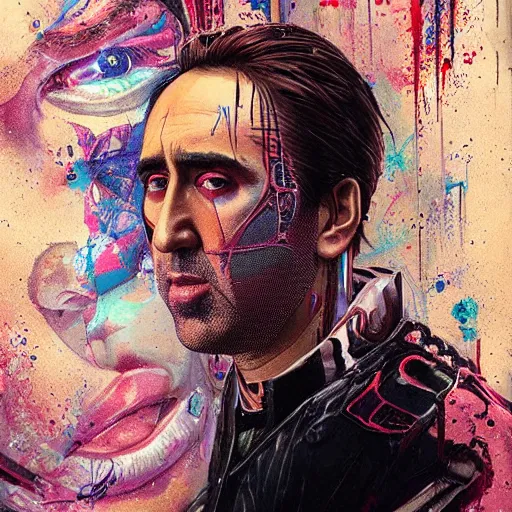 Image similar to beautiful portrait of Nic Cage cyberpunk by Tristan Eaton and Stanley Artgerm and Tom Bagshaw, Greg Rutkowski Carne_Griffiths