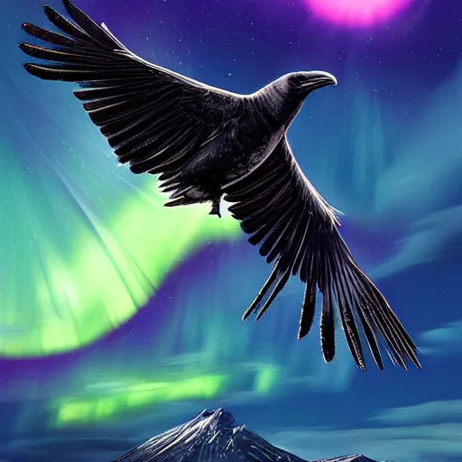 Prompt: detailed digital art, realistic, raven flying through the dark night with a mysterious aurora borealis, by naomi chen, cgsociety