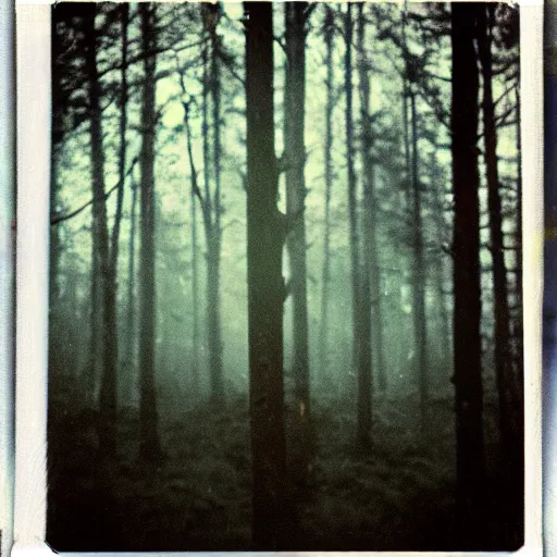 Prompt: glowing symbols on a tree in a forest clearing at night, old polaroid, expired film, blurry, lost footage, found footage, creepy,