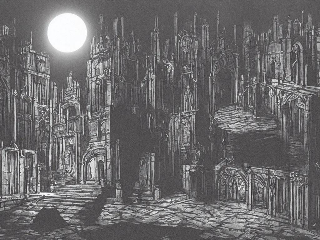Prompt: PS1 game landscape in the style of Bram Stoker\'s Dracula 1992, sets and costumes by Eiko Ishioka