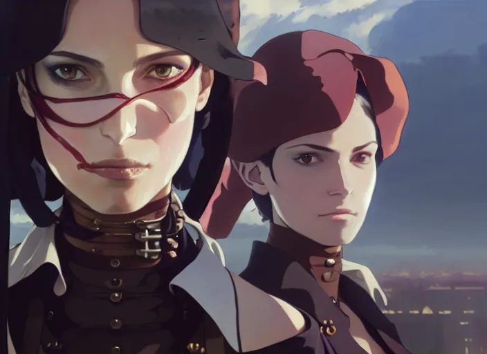 Prompt: a film still portrait of a confident butcher steampunk assassin woman who resembles natalie portman, finely detailed features, closeup at the faces, perfect art, at a floating city, gapmoe yandere grimdark, trending on pixiv fanbox, painted by greg rutkowski makoto shinkai takashi takeuchi studio ghibli, akihiko yoshida