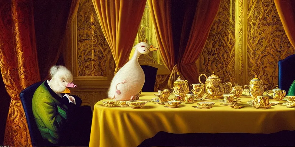 Image similar to a blonde and a mallard and a pig having tea at the ritz, abstract oil painting by gottfried helnwein pablo amaringo raqib shaw zeiss lens sharp focus high contrast chiaroscuro gold complex intricate bejeweled