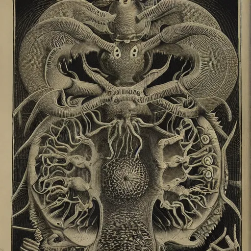 Image similar to surreal bestiary of repressed unconscious emotional monsters and creatures, illustrated by Ernst Haeckel and Robert Fludd