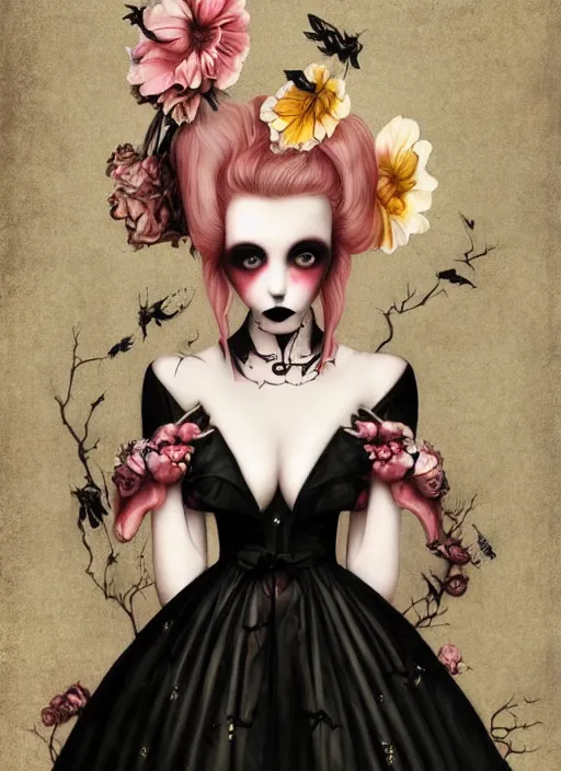 Image similar to pop surrealism, lowbrow art, realistic cute gothic black dress fashion painting, japanese street fashion, hyper realism, muted colours, rococo, natalie shau, loreta lux, tom bagshaw, mark ryden, trevor brown style,