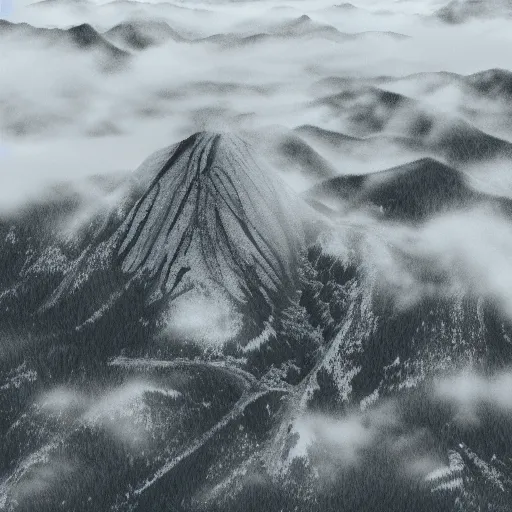 Prompt: “ aerial view of a mountain, fog on the ground, vector art ”