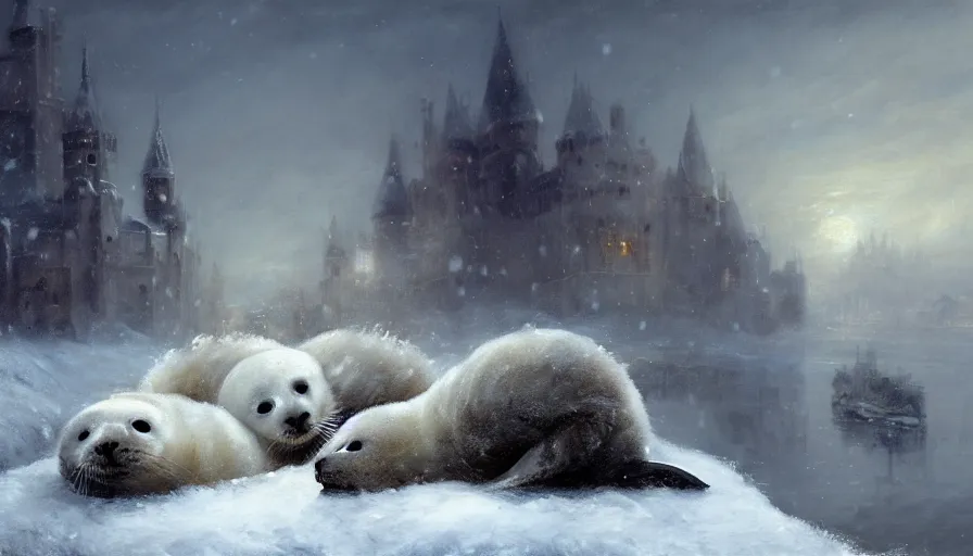 Image similar to highly detailed painting of cute furry white baby seals cuddled up in a cardboard box in a snowy cloudy sky castle by william turner, by greg rutkowski, by william constable, by greg tocchini, thick brush strokes and visible paint layers, 4 k resolution, retrowave colour scheme