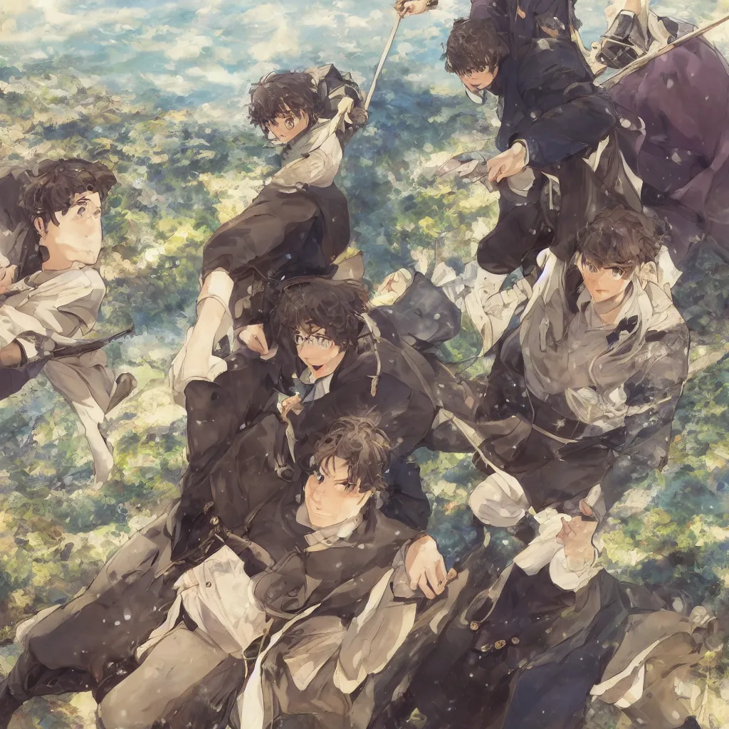 Prompt: Painting of adam sandler and jonah hill jousting in the style of Violet Evergarden, beautiful anime art style, winged eyelashes, countryside, calm, fantasy character portrait, dark outlines, dynamic pose, above view, sunny day, artwork by Makoto Shinkai, very coherent asymmetrical artwork, sharp edges, perfect face, simple form, 100mm