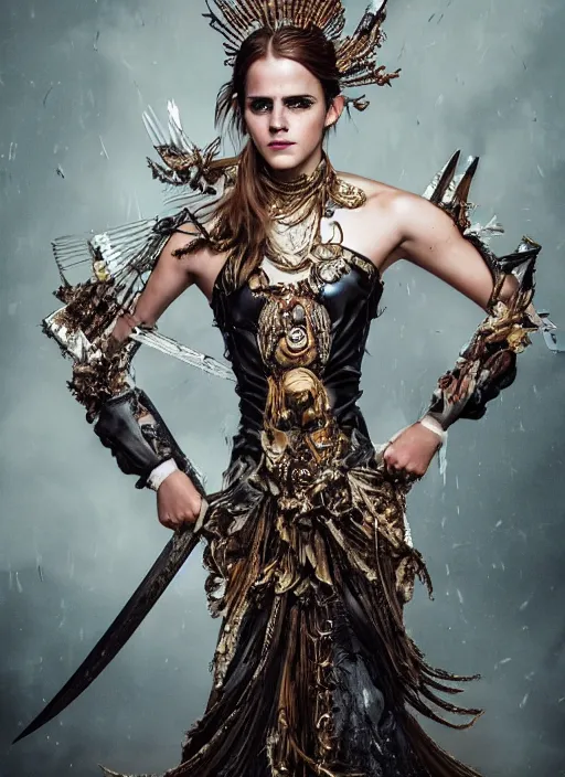 Image similar to expressive full body photo of a emma watson, headpiece made from knives, dress made of swords, glamour shot, by karol bak, by stefan gesell, photorealistic, canon r 3, fashion photography, hyper maximalist, elegant, ornate, luxury, elite, environmental portrait, symmetrical features, octane render, unreal engine, solid dark grey background, dramatic lights