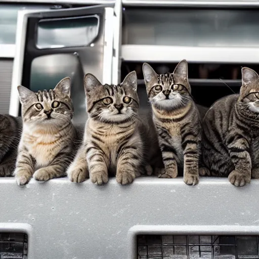 Prompt: A group of photogenic cats at a car wash