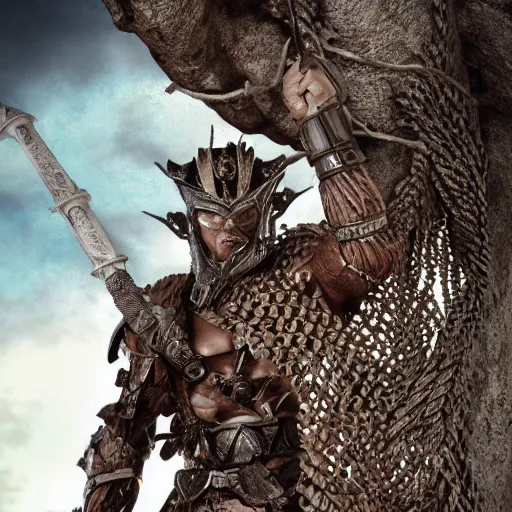 Prompt: muscular warrior with surface of tree - bark, wearing intricate stone wood vines armor, holding halberd with laser blade, battlefield, highly detailed, dramatic lighting, cinematic, sci - fi, hyperrealistic, detailed
