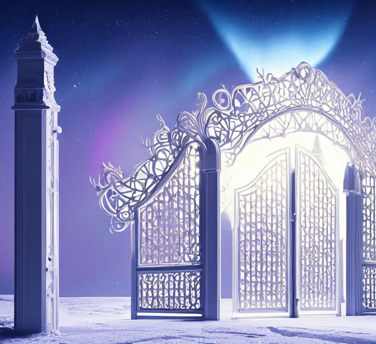 Image similar to a very detailed concept art of intricate and well designed white gates to aurora borealis infused with magic by wes anderson, dynamic lighting trending on artstation, symmetry, digital art, 4 k, hyper realistic, octane render, sharp focus