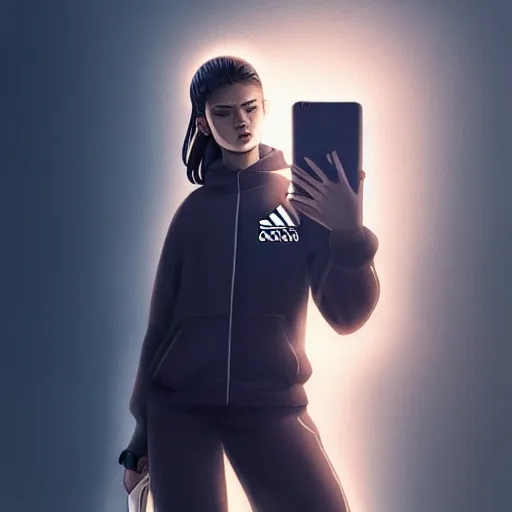 Prompt: portrait of attractive slav heroine wearing an addidas tracksuit with a phone in hand. illuminated phone screen, slav building in backround, by greg rutkowski and wlop, detailed, cinematic, 8 k, intricate, rule of thirds.