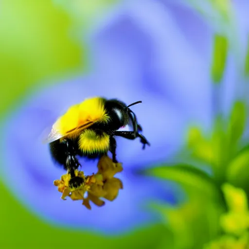 Image similar to surreal composite bumble bee made of flowers, pedicel legs, flower petal wings, siting on a finger, 5 0 mm lens, f 1. 4, sharp focus, ethereal, emotionally evoking, head in focus, volumetric lighting, blur dreamy outdoor