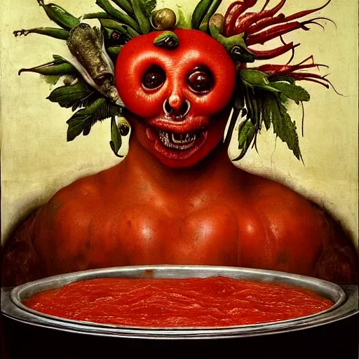 Prompt: a chef sitting in a bathtub full of tomato sauce, looking straight into camera, screaming in pain, by giuseppe arcimboldo and ambrosius benson, renaissance, fruit, intricate and intense oil paint, a touch of beksinski and hr giger, realistic