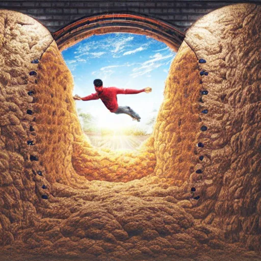 Image similar to man living inside a bread seen from outside, hyper detailed