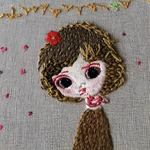 Image similar to a tiny beautiful handmade embroidery of a little girl with brown curly hair. hand embroidery.