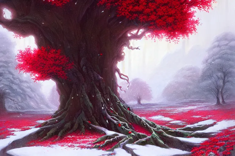 Image similar to giant tree in snow with red flowers, unreal engine, fantasy art by greg rutkowski, loish, rhads, ferdinand knab, makoto shinkai and lois van baarle, ilya kuvshinov, rossdraws, tom bagshaw, global illumination, radiant light, detailed and intricate environment