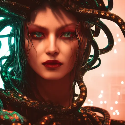 Prompt: Cyberpunk medusa, dark atmosphere, cinematic shot, glamour, intricate, ornate, photorealistic, ultra detailed, realistic, 35mm, photography, neon, octane, high definition, depth of field, bokeh, 8k, artstation