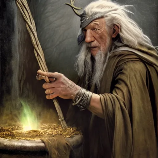 Image similar to the evil ian mckellen smithing on an anvil as gandalf in a dark viking hood playing odin all father crafting the plant of life with vines on an anvil, highly detailed, cinematic shot, cinematic lighting, 8 k, exquisit facial detail, painting by artemisia gentileschi, chiaroscuro, dark painting.