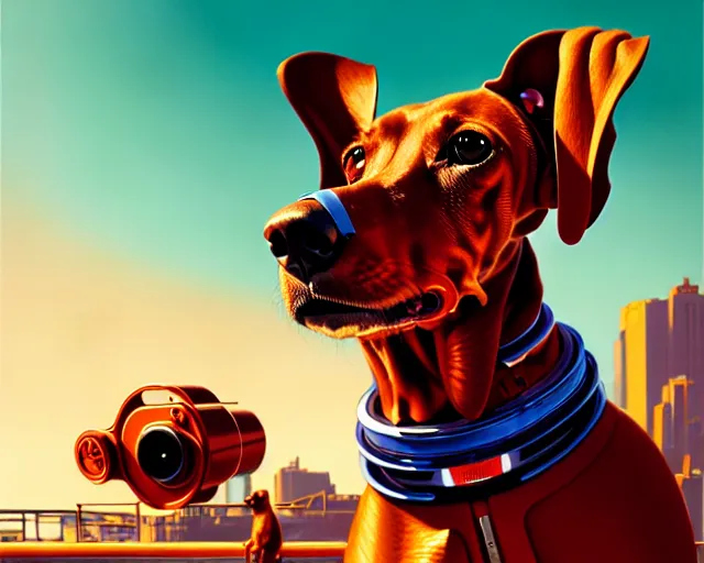 Image similar to portrait of mechanical robotic dachshund, hyper - realistic, gta v cover art, celshading, sharp focus, intricate, detailed, rhads, andreas rocha, makoto shinkai, lois van baarle, ilya kuvshinov, greg rutkowski, dynamic lighting, grunge aesthetic, 4 k