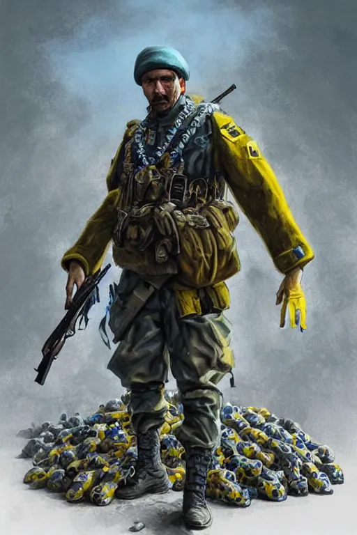 Image similar to a distant shot of a Ukrainian Call of Duty soldier with blue and yellow uniform standing alone on a pile of skulls as a winner, masculine figure, D&D, fantasy, intricate, elegant, highly detailed, extremely detailed, digital painting, artstation, concept art, matte, sharp focus, symmetrical, illustration, art by Artgerm and Greg Rutkowski and Alphonse Mucha