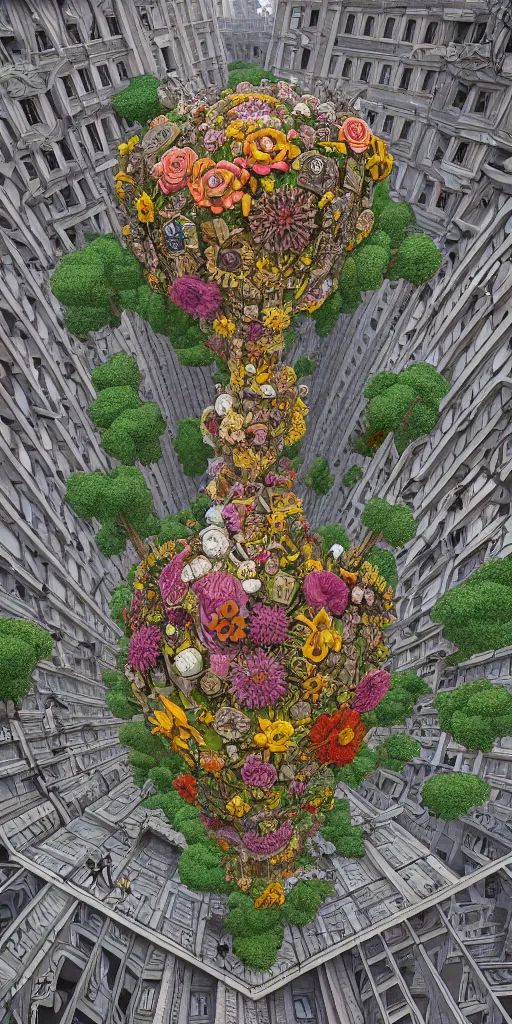 Image similar to colossal MC Escher flower in the middle of abandoned post soviet constructivist cityscape, Stalinist architecture, ultradetailed, Intricate by Hayao Miyazaki and Josan Gonzalez and Giuseppe Arcimboldo and Wes Anderson and H.R. Giger